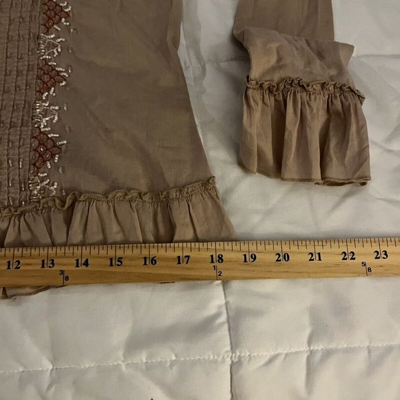 Girl Krazy TAN RUFFLEBUTTON FRONT BEADED EMBROIDED COLLARD V-NECK RUFFLE  SIZE S - Picture 10 of 10